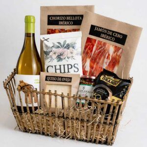 Regalos personalizados para momentos especiales - Kit Quiero - Cesta gorumet Dehesa - Vino blanco - ppal