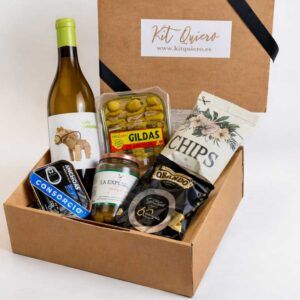 Regalos personalizados para momentos especiales - Kit Quiero - Cesta gourmet Mar - Vino blanco - ppal
